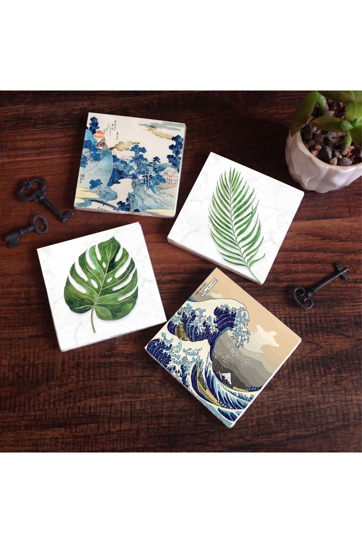 Pinecone Fuji Dağı Japon Sanatı, Büyük Dalga, Yaprak Taş Bardak Altlığı Seti - 4 Parça - Dekoratif, Rustik Mutfak Aksesuarı, 10x10 cm, Kaydırmaz Tabanlı, Şık ve Dayanıklı SC367
