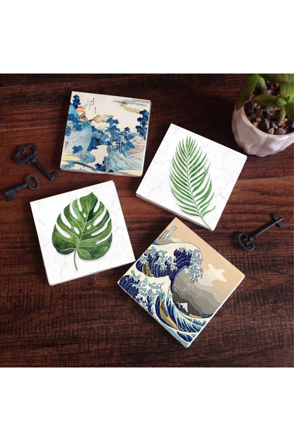 Pinecone Fuji Dağı Japon Sanatı, Büyük Dalga, Yaprak Taş Bardak Altlığı Seti - 4 Parça - Dekoratif, Rustik Mutfak Aksesuarı, 10x10 cm, Kaydırmaz Tabanlı, Şık ve Dayanıklı SC367