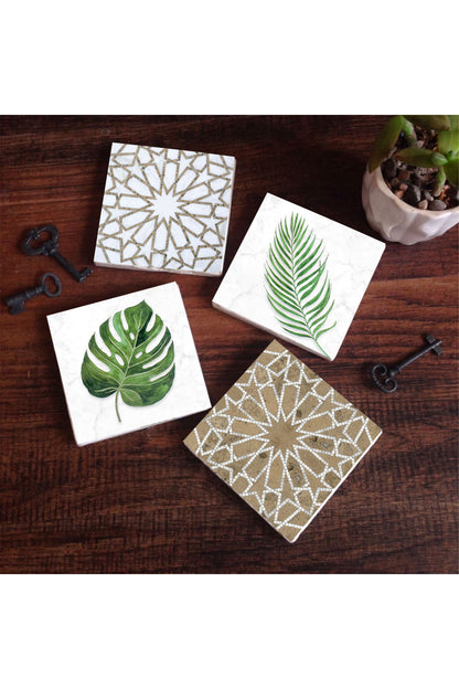 Pinecone Etnik Desen, Yaprak Taş Bardak Altlığı Seti - 4 Parça - Dekoratif, Rustik Mutfak Aksesuarı, 10x10 cm, Kaydırmaz Tabanlı, Şık ve Dayanıklı SC368