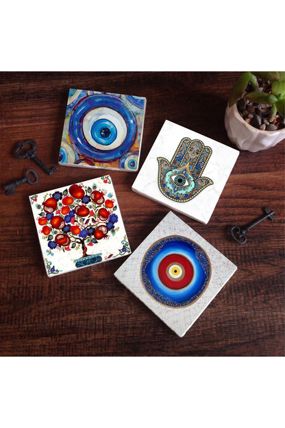 Pinecone Nazar, Nar Ağacı, Fatma Ana Eli (Hamsa) Taş Bardak Altlığı Seti - 4 Parça - Dekoratif, Rustik Mutfak Aksesuarı, 10x10 cm, Kaydırmaz Tabanlı, Şık ve Dayanıklı SC370