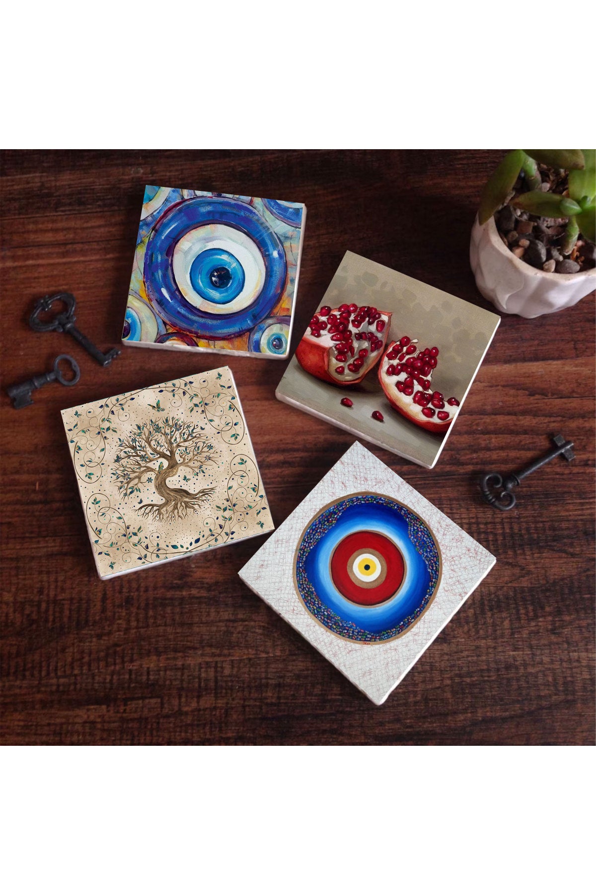 Pinecone Nazar, Hayat Ağacı, Nar Taş Bardak Altlığı Seti - 4 Parça - Dekoratif, Rustik Mutfak Aksesuarı, 10x10 cm, Kaydırmaz Tabanlı, Şık ve Dayanıklı SC372