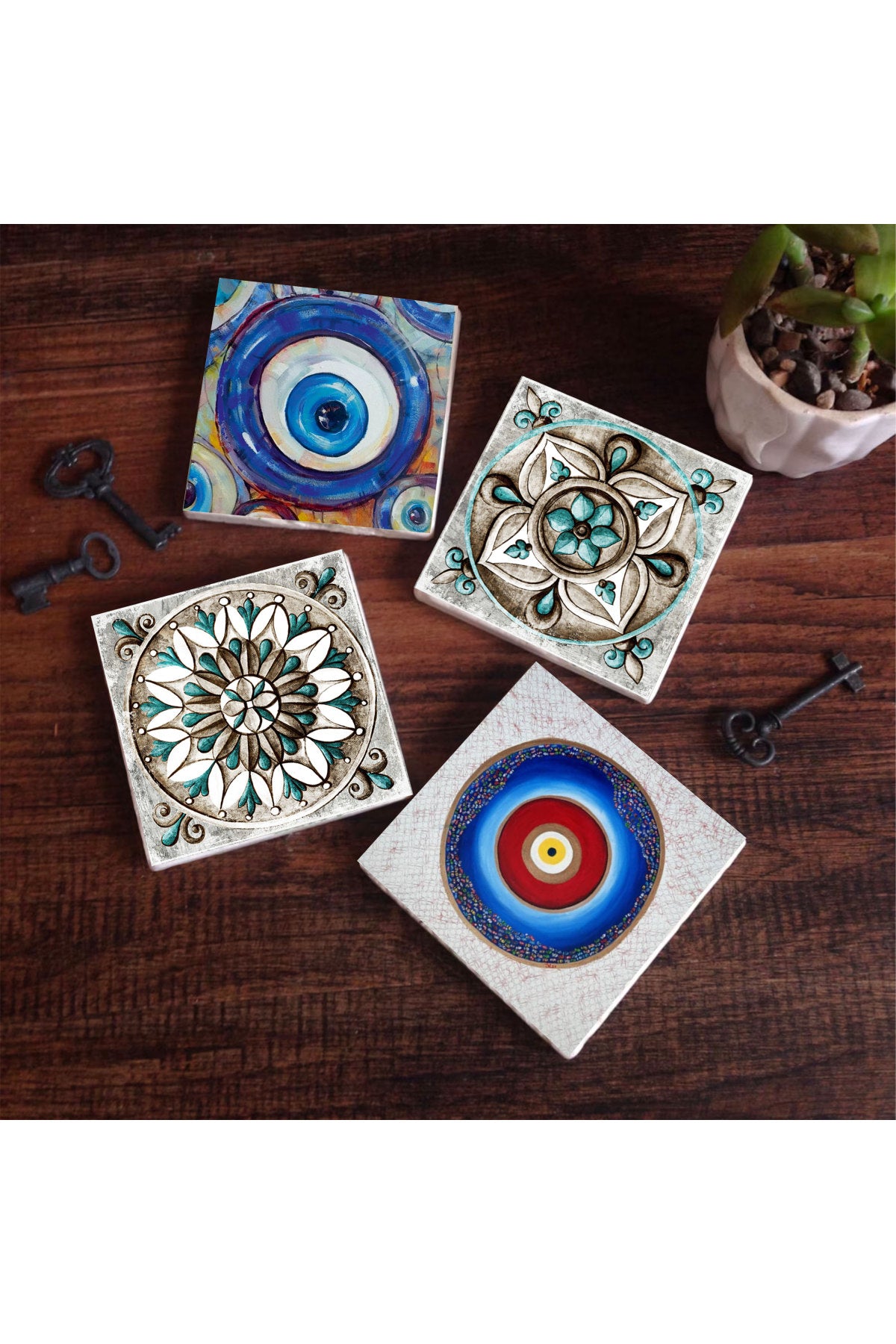 Pinecone Nazar, Çini Sanatı Taş Bardak Altlığı Seti - 4 Parça - Dekoratif, Rustik Mutfak Aksesuarı, 10x10 cm, Kaydırmaz Tabanlı, Şık ve Dayanıklı SC373