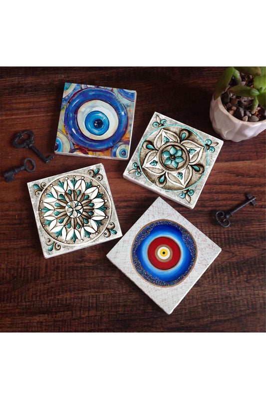 Pinecone Nazar, Çini Sanatı Taş Bardak Altlığı Seti - 4 Parça - Dekoratif, Rustik Mutfak Aksesuarı, 10x10 cm, Kaydırmaz Tabanlı, Şık ve Dayanıklı SC373