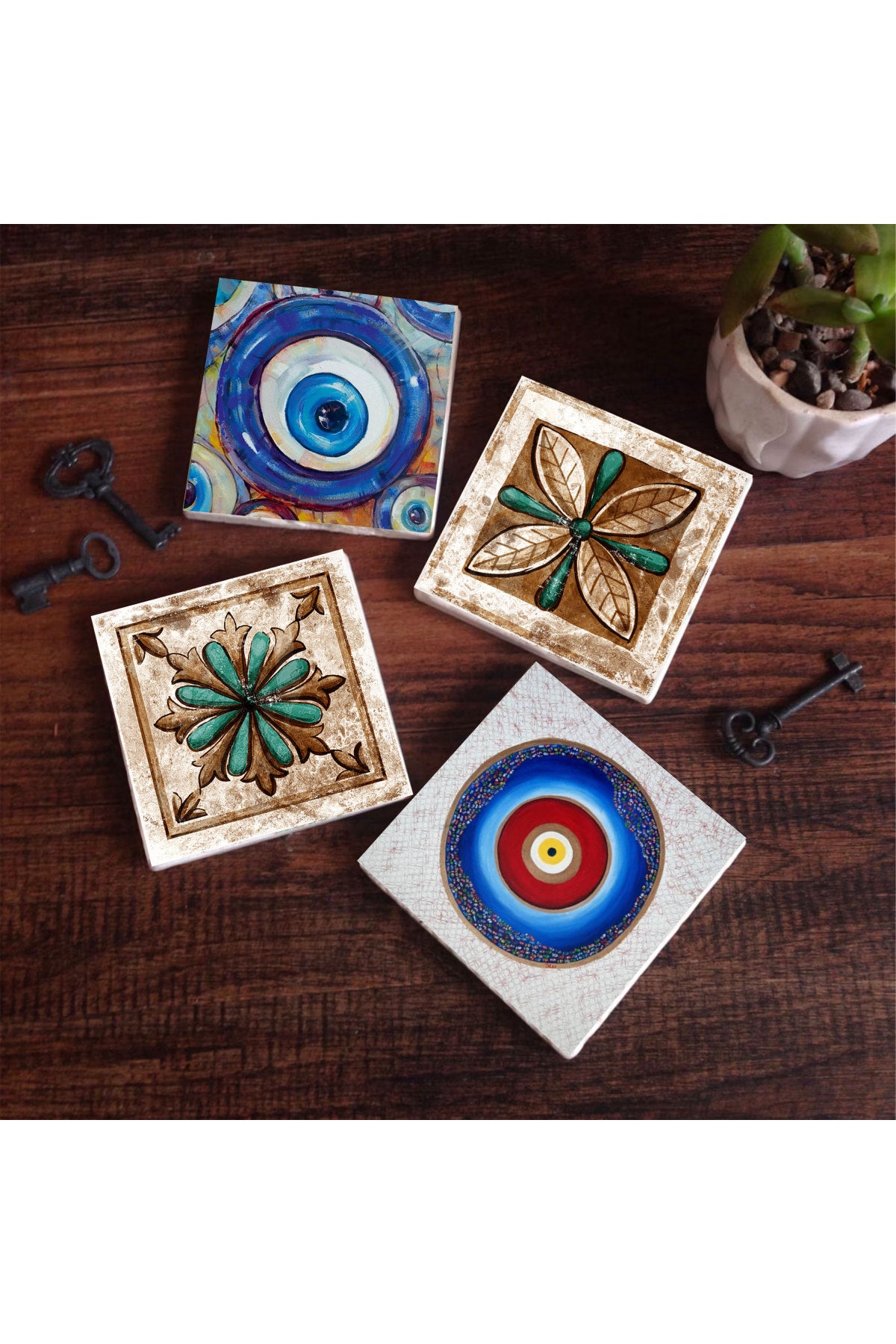 Pinecone Nazar, Fas Desenli Vintage Taş Bardak Altlığı Seti - 4 Parça - Dekoratif, Rustik Mutfak Aksesuarı, 10x10 cm, Kaydırmaz Tabanlı, Şık ve Dayanıklı SC374