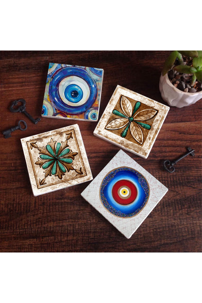Pinecone Nazar, Fas Desenli Vintage Taş Bardak Altlığı Seti - 4 Parça - Dekoratif, Rustik Mutfak Aksesuarı, 10x10 cm, Kaydırmaz Tabanlı, Şık ve Dayanıklı SC374