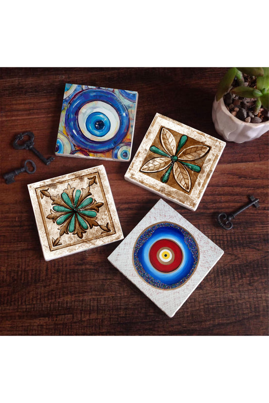 Pinecone Nazar, Fas Desenli Vintage Taş Bardak Altlığı Seti - 4 Parça - Dekoratif, Rustik Mutfak Aksesuarı, 10x10 cm, Kaydırmaz Tabanlı, Şık ve Dayanıklı SC374