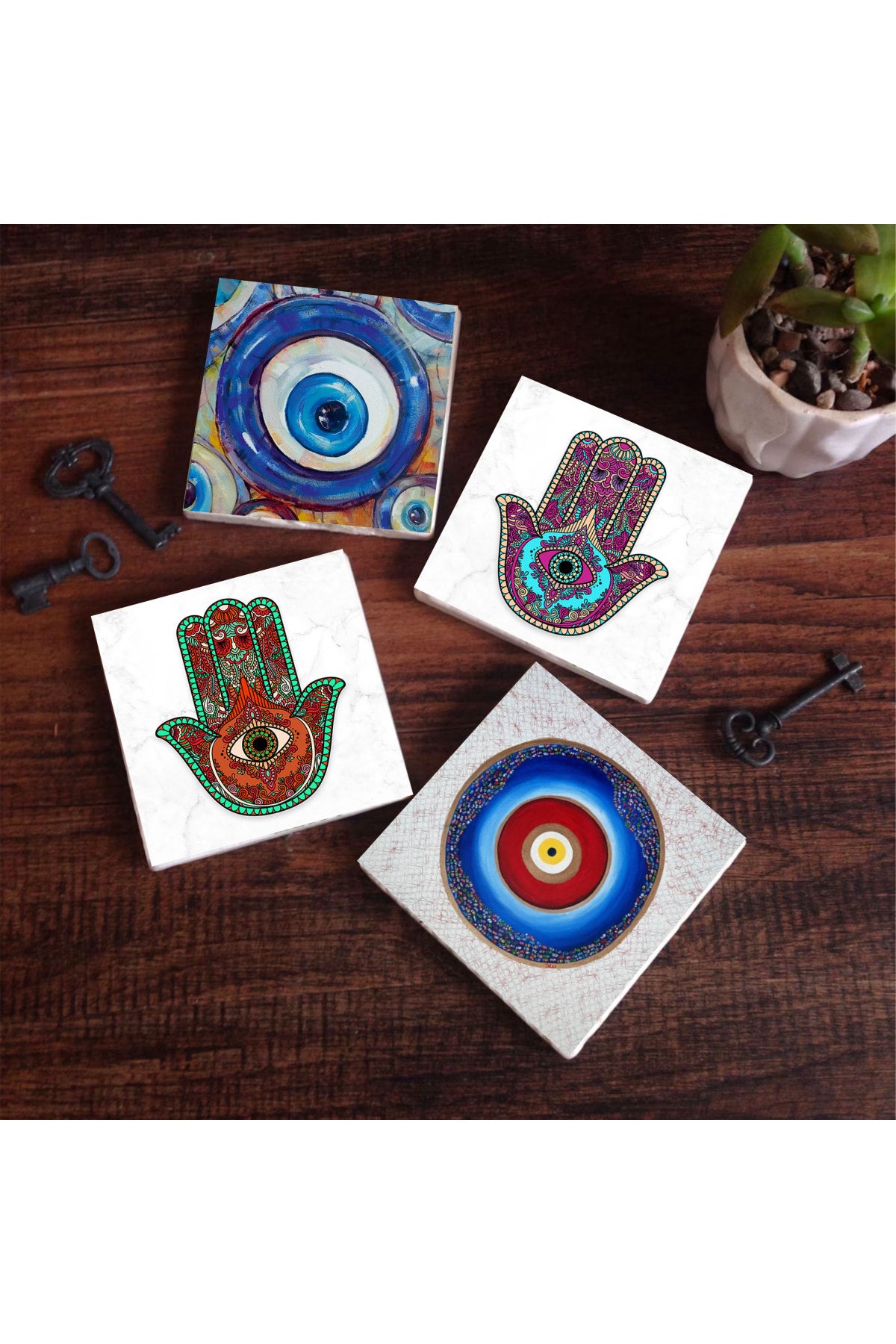 Pinecone Nazar, Fatma Ana Eli (Hamsa) Taş Bardak Altlığı Seti - 4 Parça - Dekoratif, Rustik Mutfak Aksesuarı, 10x10 cm, Kaydırmaz Tabanlı, Şık ve Dayanıklı SC376