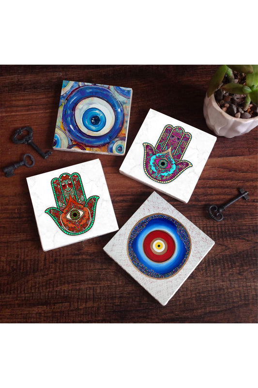 Pinecone Nazar, Fatma Ana Eli (Hamsa) Taş Bardak Altlığı Seti - 4 Parça - Dekoratif, Rustik Mutfak Aksesuarı, 10x10 cm, Kaydırmaz Tabanlı, Şık ve Dayanıklı SC376