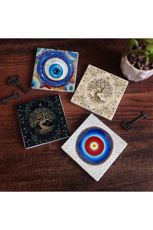 Pinecone Nazar, Hayat Ağacı Taş Bardak Altlığı Seti - 4 Parça - Dekoratif, Rustik Mutfak Aksesuarı, 10x10 cm, Kaydırmaz Tabanlı, Şık ve Dayanıklı SC377