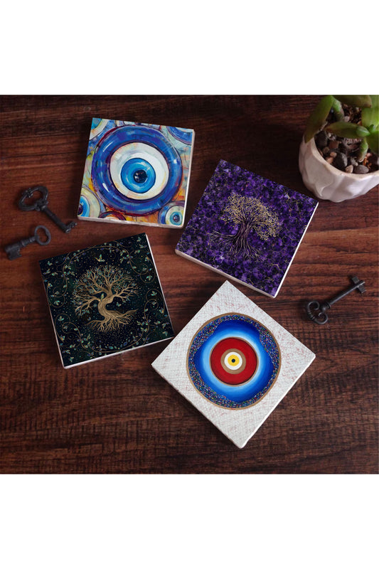 Pinecone Nazar, Hayat Ağacı Taş Bardak Altlığı Seti - 4 Parça - Dekoratif, Rustik Mutfak Aksesuarı, 10x10 cm, Kaydırmaz Tabanlı, Şık ve Dayanıklı SC378