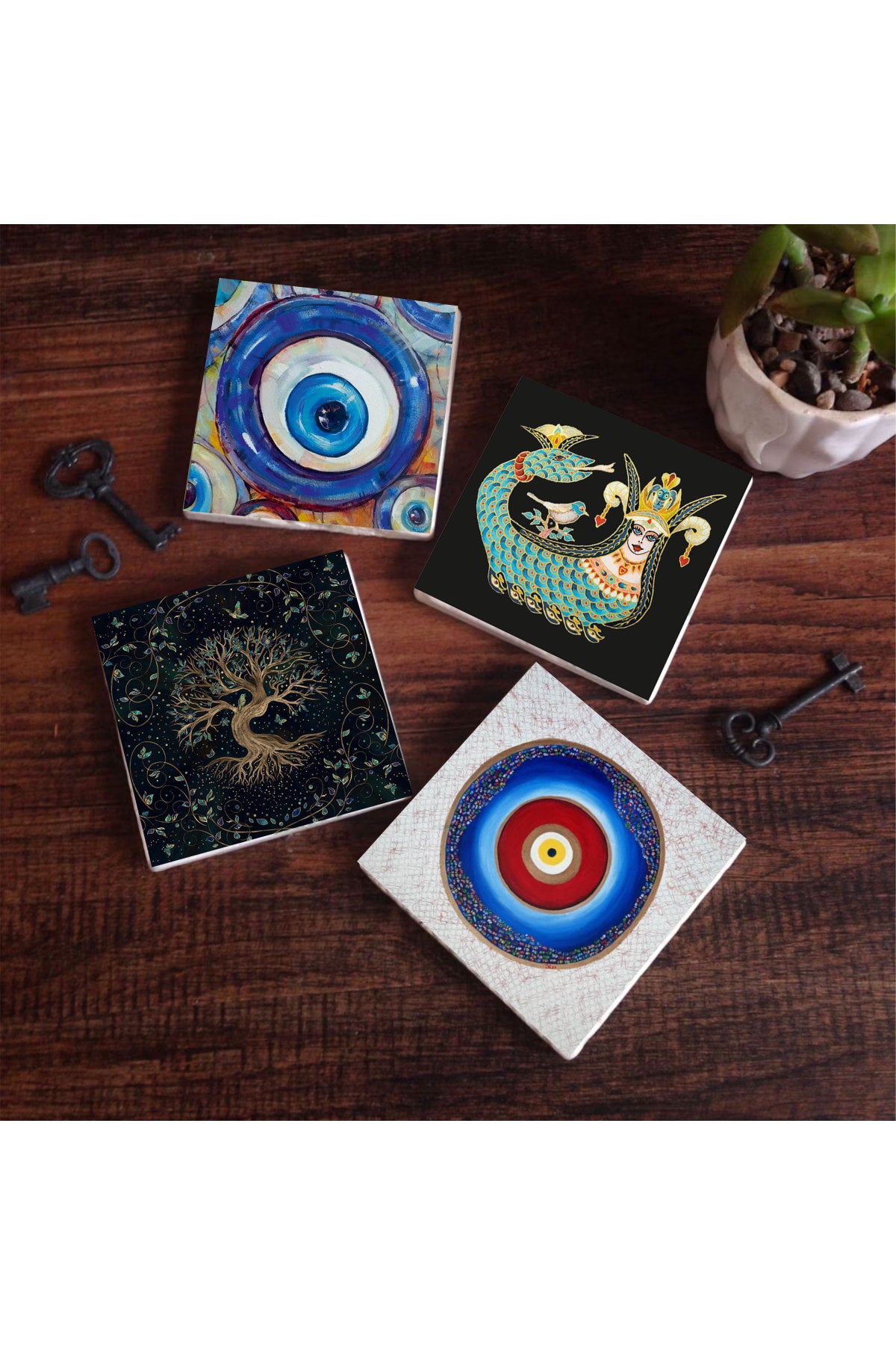 Pinecone Nazar, Hayat Ağacı, Şahmeran Taş Bardak Altlığı Seti - 4 Parça - Dekoratif, Rustik Mutfak Aksesuarı, 10x10 cm, Kaydırmaz Tabanlı, Şık ve Dayanıklı SC379