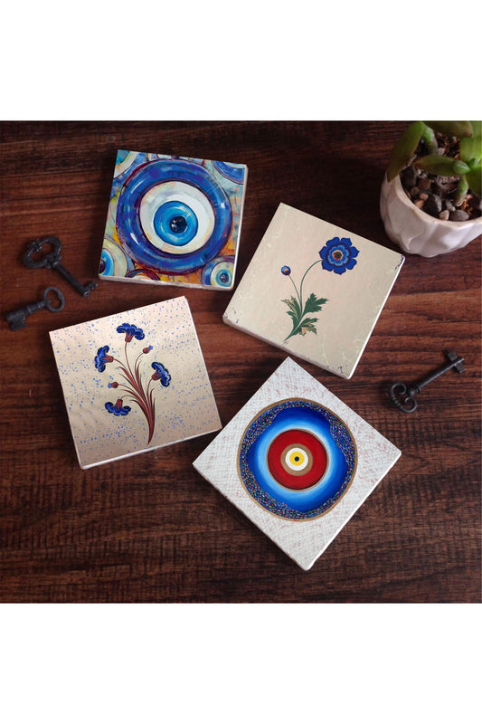 Pinecone Nazar, Ebru Sanatı Taş Bardak Altlığı Seti - 4 Parça - Dekoratif, Rustik Mutfak Aksesuarı, 10x10 cm, Kaydırmaz Tabanlı, Şık ve Dayanıklı SC381