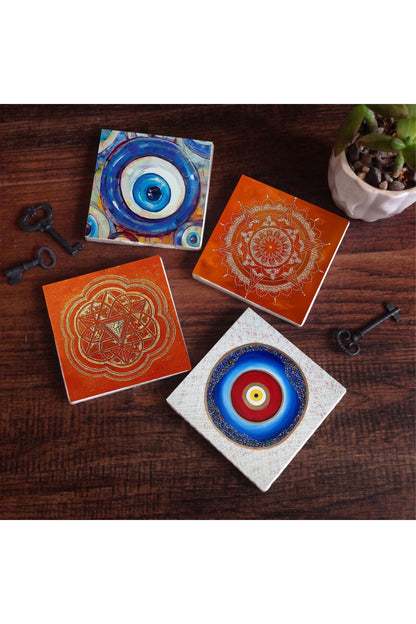 Pinecone Nazar, Sri Yantra, Mandala Taş Bardak Altlığı Seti - 4 Parça - Dekoratif, Rustik Mutfak Aksesuarı, 10x10 cm, Kaydırmaz Tabanlı, Şık ve Dayanıklı SC382