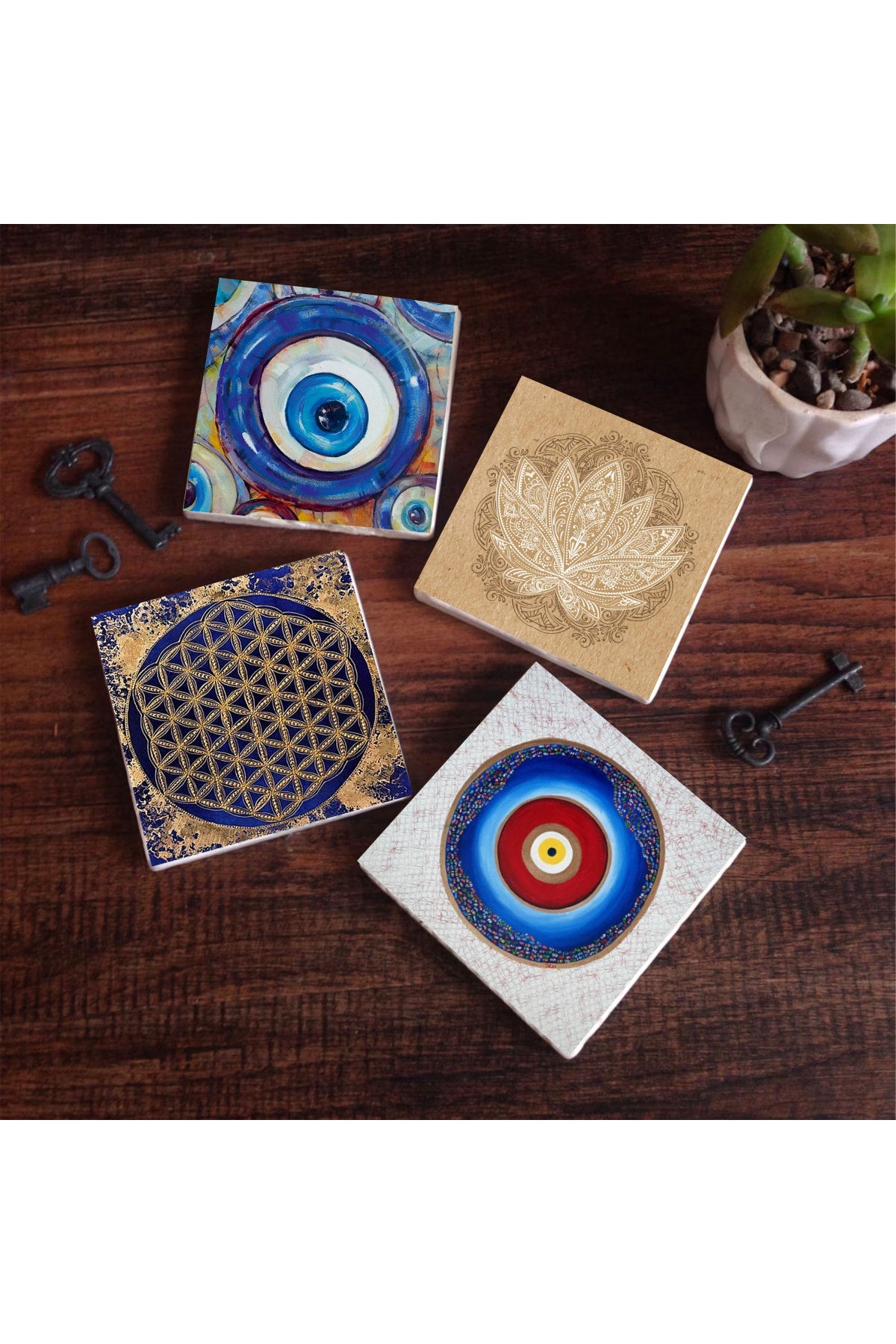 Pinecone Nazar, Lotus Çiçeği, Yaşam Çiçeği Taş Bardak Altlığı Seti - 4 Parça - Dekoratif, Rustik Mutfak Aksesuarı, 10x10 cm, Kaydırmaz Tabanlı, Şık ve Dayanıklı SC385
