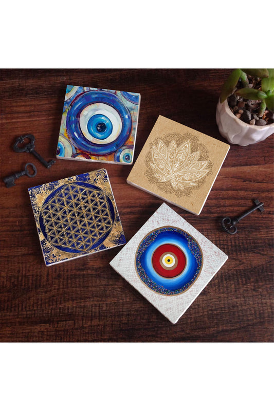 Pinecone Nazar, Lotus Çiçeği, Yaşam Çiçeği Taş Bardak Altlığı Seti - 4 Parça - Dekoratif, Rustik Mutfak Aksesuarı, 10x10 cm, Kaydırmaz Tabanlı, Şık ve Dayanıklı SC385