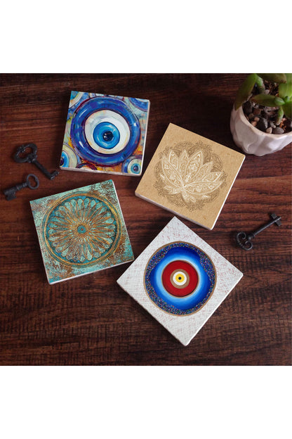 Pinecone Nazar, Yaşam Çiçeği, Lotus Çiçeği Taş Bardak Altlığı Seti - 4 Parça - Dekoratif, Rustik Mutfak Aksesuarı, 10x10 cm, Kaydırmaz Tabanlı, Şık ve Dayanıklı SC387