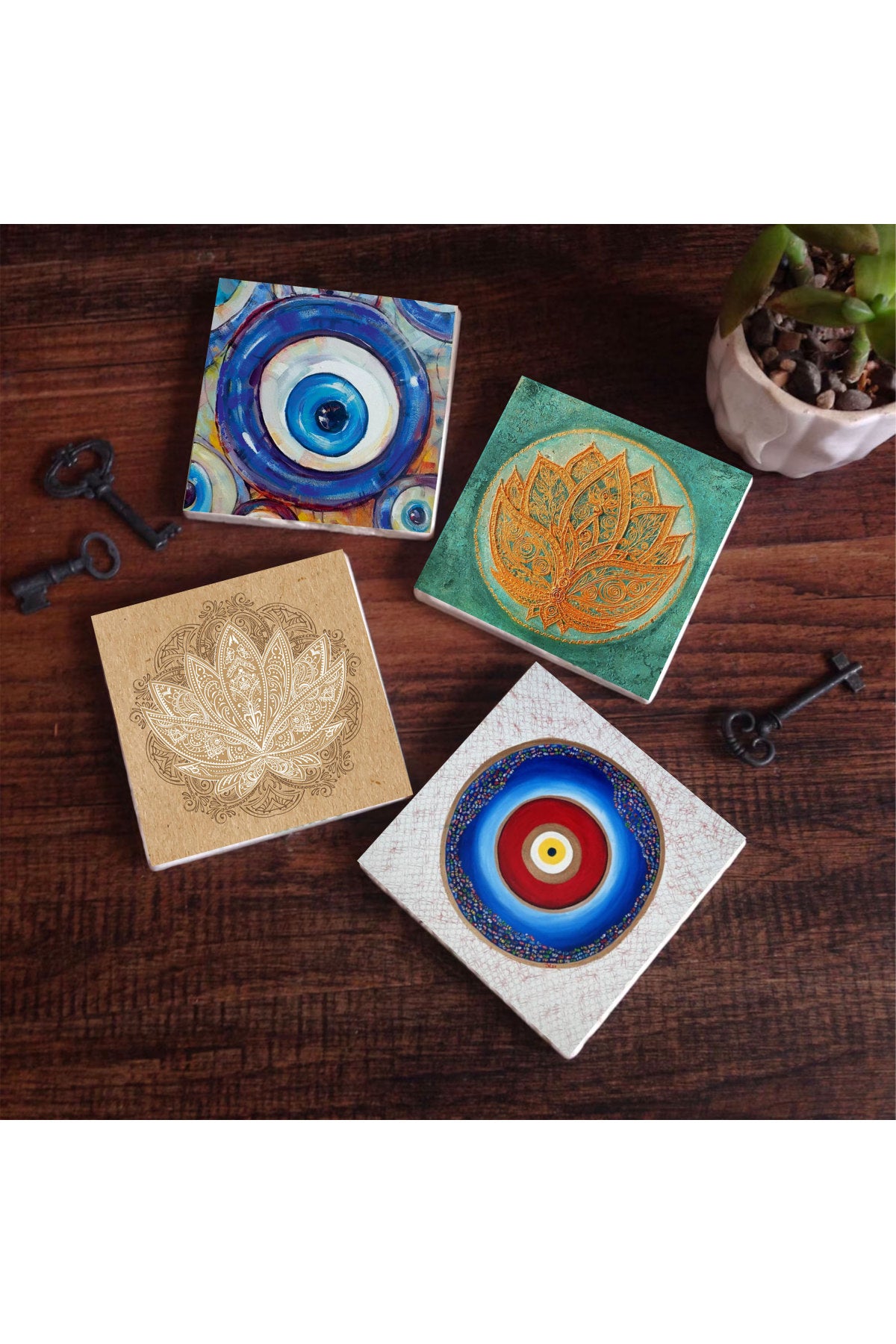 Pinecone Nazar, Lotus Çiçeği Taş Bardak Altlığı Seti - 4 Parça - Dekoratif, Rustik Mutfak Aksesuarı, 10x10 cm, Kaydırmaz Tabanlı, Şık ve Dayanıklı SC390