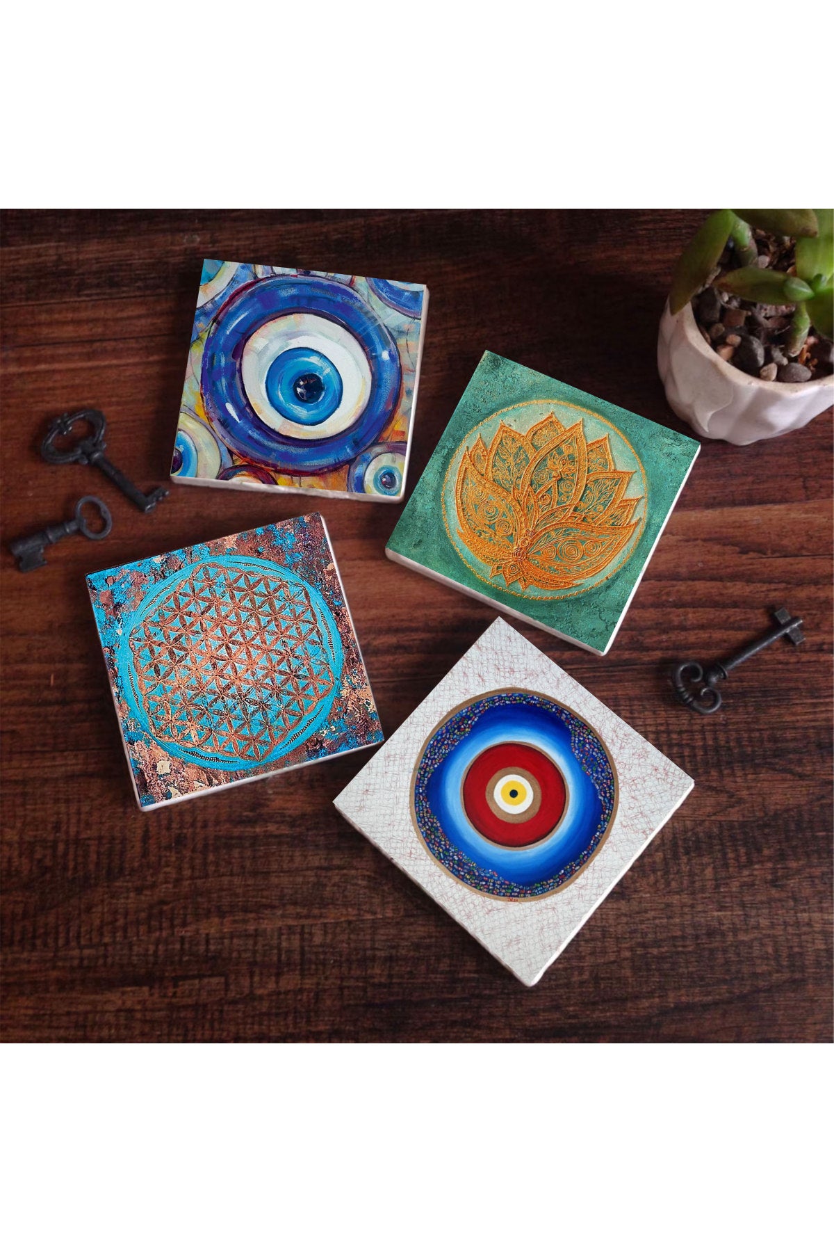 Pinecone Nazar, Yaşam Çiçeği, Lotus Çiçeği Taş Bardak Altlığı Seti - 4 Parça - Dekoratif, Rustik Mutfak Aksesuarı, 10x10 cm, Kaydırmaz Tabanlı, Şık ve Dayanıklı SC391