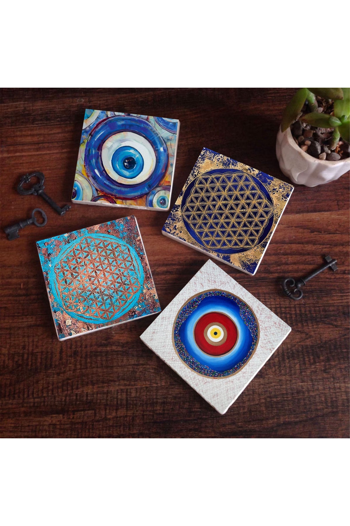 Pinecone Nazar, Yaşam Çiçeği Taş Bardak Altlığı Seti - 4 Parça - Dekoratif, Rustik Mutfak Aksesuarı, 10x10 cm, Kaydırmaz Tabanlı, Şık ve Dayanıklı SC392