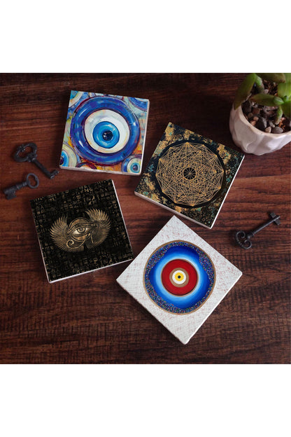 Pinecone Nazar, Horus'un Gözü, Sri Yantra Taş Bardak Altlığı Seti - 4 Parça - Dekoratif, Rustik Mutfak Aksesuarı, 10x10 cm, Kaydırmaz Tabanlı, Şık ve Dayanıklı SC396