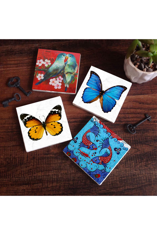 Pinecone Kelebek, Kuş, Çini Sanatı Balık Taş Bardak Altlığı Seti - 4 Parça - Dekoratif, Rustik Mutfak Aksesuarı, 10x10 cm, Kaydırmaz Tabanlı, Şık ve Dayanıklı SC397