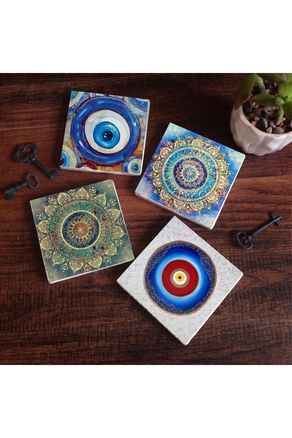 Pinecone Nazar, Mandala Taş Bardak Altlığı Seti - 4 Parça - Dekoratif, Rustik Mutfak Aksesuarı, 10x10 cm, Kaydırmaz Tabanlı, Şık ve Dayanıklı SC399