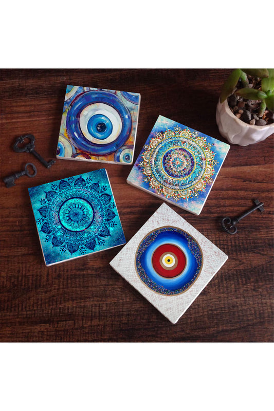 Pinecone Nazar, Mandala Taş Bardak Altlığı Seti - 4 Parça - Dekoratif, Rustik Mutfak Aksesuarı, 10x10 cm, Kaydırmaz Tabanlı, Şık ve Dayanıklı SC400