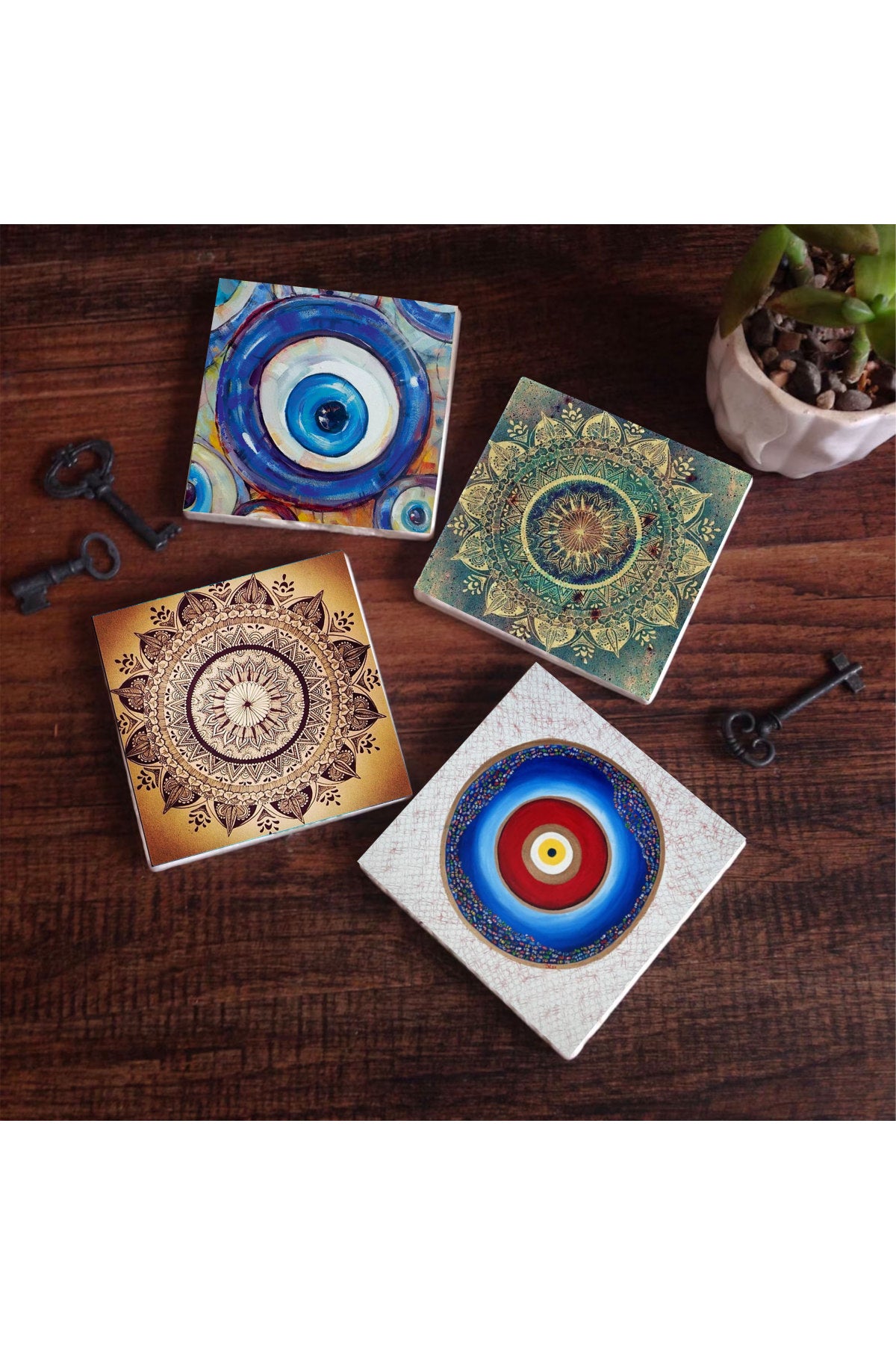 Pinecone Nazar, Mandala Taş Bardak Altlığı Seti - 4 Parça - Dekoratif, Rustik Mutfak Aksesuarı, 10x10 cm, Kaydırmaz Tabanlı, Şık ve Dayanıklı SC401