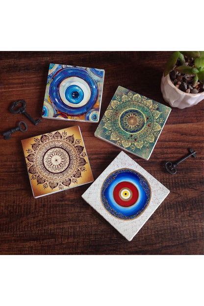 Pinecone Nazar, Mandala Taş Bardak Altlığı Seti - 4 Parça - Dekoratif, Rustik Mutfak Aksesuarı, 10x10 cm, Kaydırmaz Tabanlı, Şık ve Dayanıklı SC401