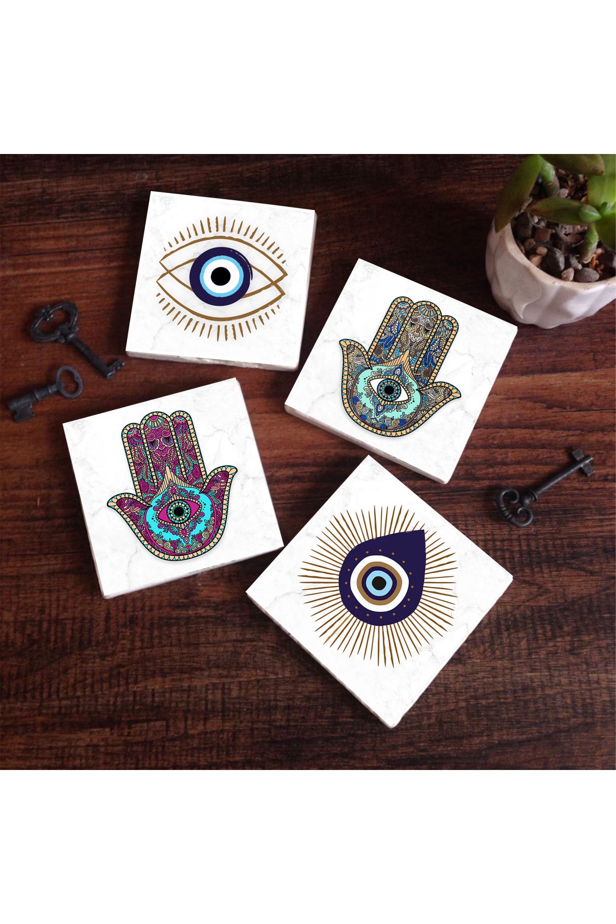 Pinecone Nazar, Fatma Ana Eli (Hamsa) Taş Bardak Altlığı Seti - 4 Parça - Dekoratif, Rustik Mutfak Aksesuarı, 10x10 cm, Kaydırmaz Tabanlı, Şık ve Dayanıklı SC402