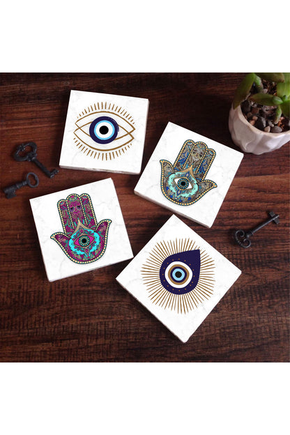 Pinecone Nazar, Fatma Ana Eli (Hamsa) Taş Bardak Altlığı Seti - 4 Parça - Dekoratif, Rustik Mutfak Aksesuarı, 10x10 cm, Kaydırmaz Tabanlı, Şık ve Dayanıklı SC402