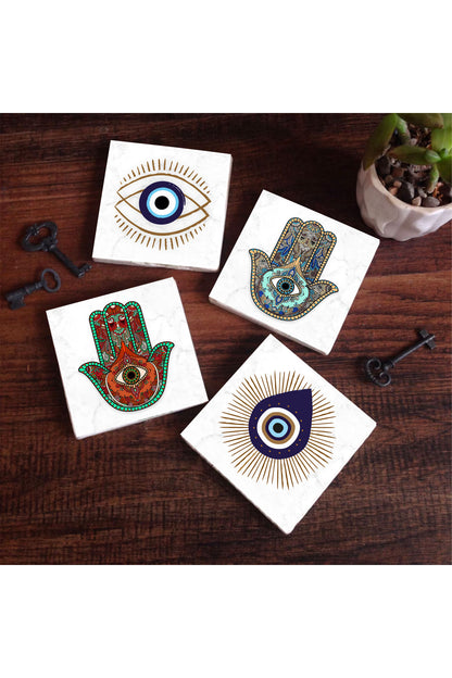 Pinecone Nazar, Fatma Ana Eli (Hamsa) Taş Bardak Altlığı Seti - 4 Parça - Dekoratif, Rustik Mutfak Aksesuarı, 10x10 cm, Kaydırmaz Tabanlı, Şık ve Dayanıklı SC403