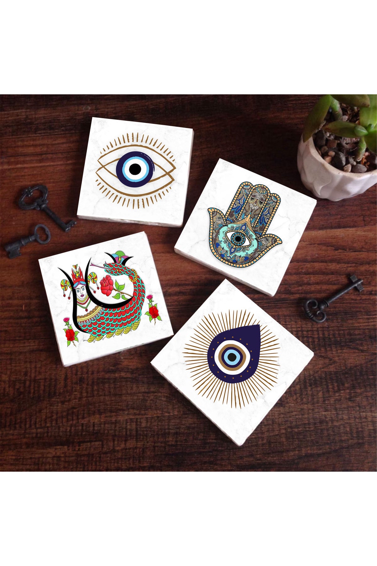 Pinecone Nazar, Şahmeran, Fatma Ana Eli (Hamsa) Taş Bardak Altlığı Seti - 4 Parça - Dekoratif, Rustik Mutfak Aksesuarı, 10x10 cm, Kaydırmaz Tabanlı, Şık ve Dayanıklı SC404