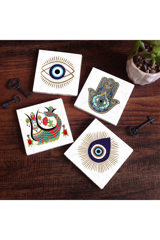 Pinecone Nazar, Şahmeran, Fatma Ana Eli (Hamsa) Taş Bardak Altlığı Seti - 4 Parça - Dekoratif, Rustik Mutfak Aksesuarı, 10x10 cm, Kaydırmaz Tabanlı, Şık ve Dayanıklı SC404