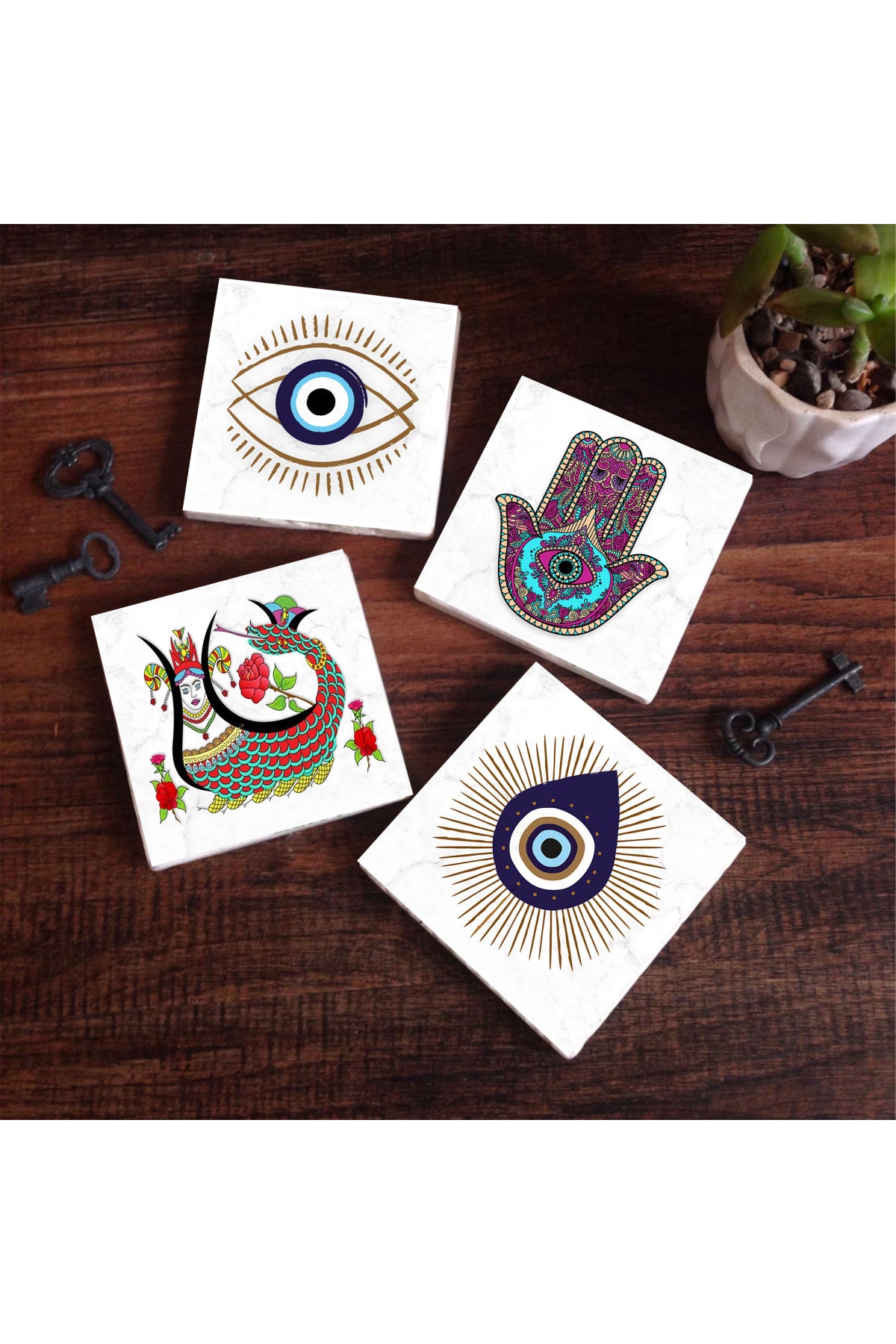 Pinecone Nazar, Fatma Ana Eli (Hamsa), Şahmeran Taş Bardak Altlığı Seti - 4 Parça - Dekoratif, Rustik Mutfak Aksesuarı, 10x10 cm, Kaydırmaz Tabanlı, Şık ve Dayanıklı SC405