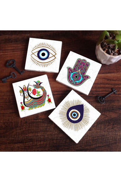 Pinecone Nazar, Fatma Ana Eli (Hamsa), Şahmeran Taş Bardak Altlığı Seti - 4 Parça - Dekoratif, Rustik Mutfak Aksesuarı, 10x10 cm, Kaydırmaz Tabanlı, Şık ve Dayanıklı SC405