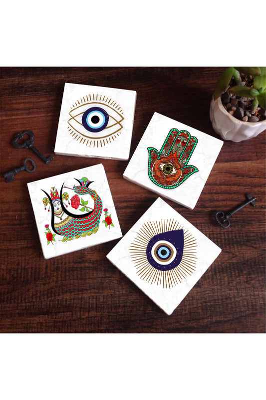 Pinecone Nazar, Fatma Ana Eli (Hamsa), Şahmeran Taş Bardak Altlığı Seti - 4 Parça - Dekoratif, Rustik Mutfak Aksesuarı, 10x10 cm, Kaydırmaz Tabanlı, Şık ve Dayanıklı SC406