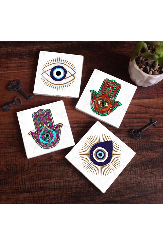 Pinecone Nazar, Fatma Ana Eli (Hamsa) Taş Bardak Altlığı Seti - 4 Parça - Dekoratif, Rustik Mutfak Aksesuarı, 10x10 cm, Kaydırmaz Tabanlı, Şık ve Dayanıklı SC407