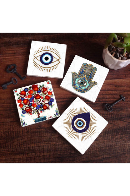 Pinecone Nazar, Nar Ağacı, Fatma Ana Eli (Hamsa) Taş Bardak Altlığı Seti - 4 Parça - Dekoratif, Rustik Mutfak Aksesuarı, 10x10 cm, Kaydırmaz Tabanlı, Şık ve Dayanıklı SC409