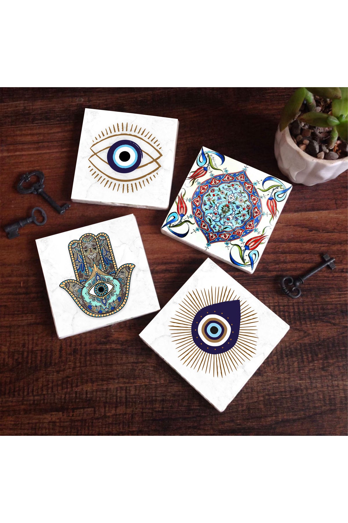 Pinecone Nazar, Çini Sanatı, Fatma Ana Eli (Hamsa) Taş Bardak Altlığı Seti - 4 Parça - Dekoratif, Rustik Mutfak Aksesuarı, 10x10 cm, Kaydırmaz Tabanlı, Şık ve Dayanıklı SC410