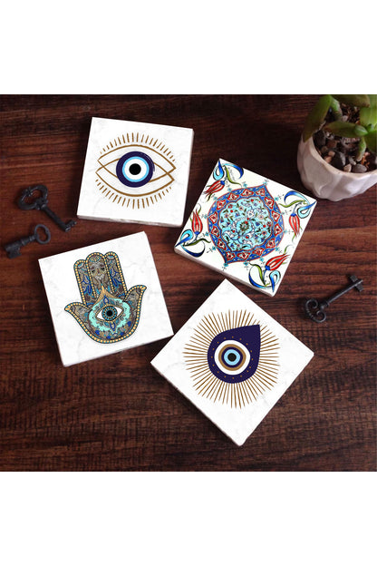 Pinecone Nazar, Çini Sanatı, Fatma Ana Eli (Hamsa) Taş Bardak Altlığı Seti - 4 Parça - Dekoratif, Rustik Mutfak Aksesuarı, 10x10 cm, Kaydırmaz Tabanlı, Şık ve Dayanıklı SC410