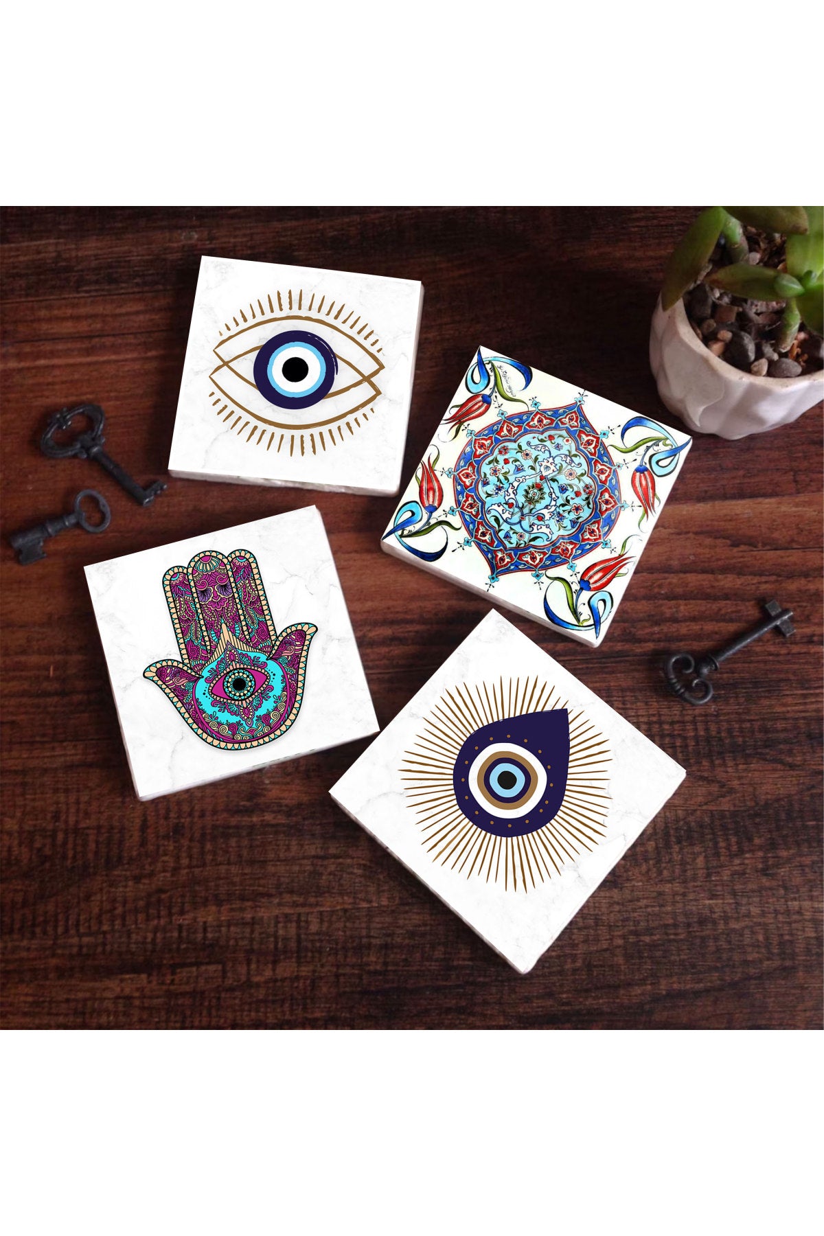 Pinecone Nazar, Fatma Ana Eli (Hamsa), Çini Sanatı Taş Bardak Altlığı Seti - 4 Parça - Dekoratif, Rustik Mutfak Aksesuarı, 10x10 cm, Kaydırmaz Tabanlı, Şık ve Dayanıklı SC412