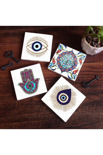 Pinecone Nazar, Fatma Ana Eli (Hamsa), Çini Sanatı Taş Bardak Altlığı Seti - 4 Parça - Dekoratif, Rustik Mutfak Aksesuarı, 10x10 cm, Kaydırmaz Tabanlı, Şık ve Dayanıklı SC412
