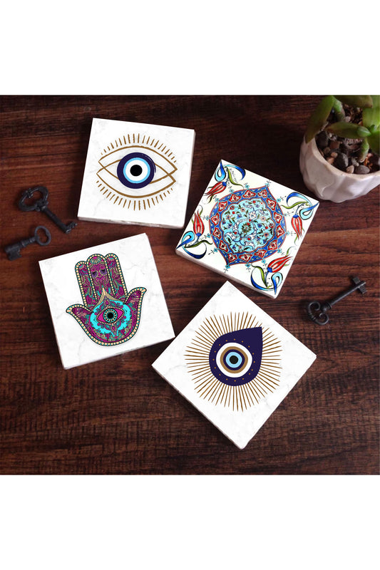 Pinecone Nazar, Fatma Ana Eli (Hamsa), Çini Sanatı Taş Bardak Altlığı Seti - 4 Parça - Dekoratif, Rustik Mutfak Aksesuarı, 10x10 cm, Kaydırmaz Tabanlı, Şık ve Dayanıklı SC412