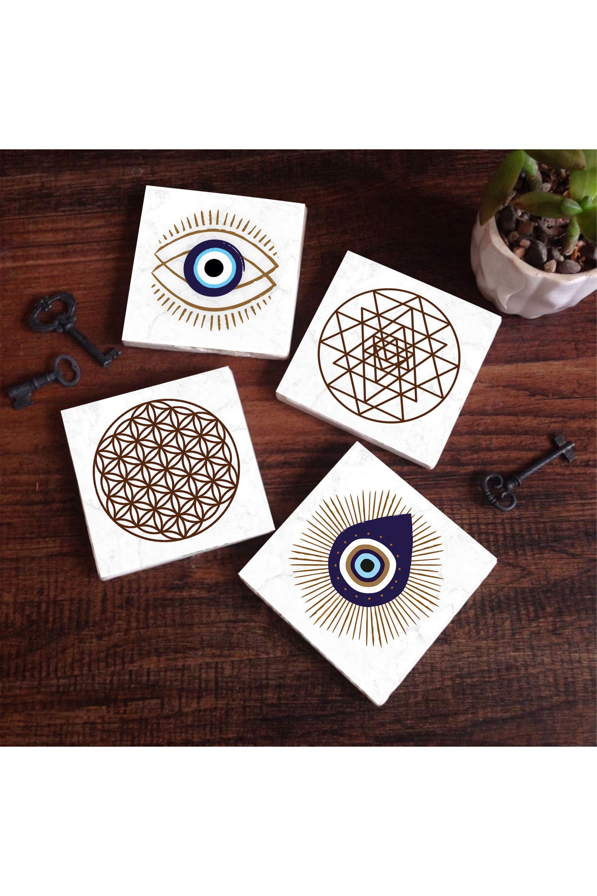 Pinecone Nazar, Yaşam Çiçeği, Sri Yantra Taş Bardak Altlığı Seti - 4 Parça - Dekoratif, Rustik Mutfak Aksesuarı, 10x10 cm, Kaydırmaz Tabanlı, Şık ve Dayanıklı SC413