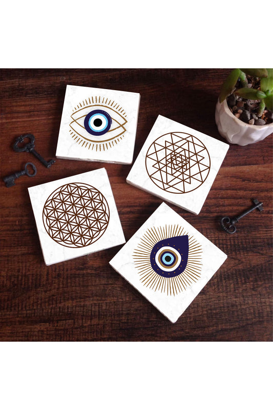 Pinecone Nazar, Yaşam Çiçeği, Sri Yantra Taş Bardak Altlığı Seti - 4 Parça - Dekoratif, Rustik Mutfak Aksesuarı, 10x10 cm, Kaydırmaz Tabanlı, Şık ve Dayanıklı SC413