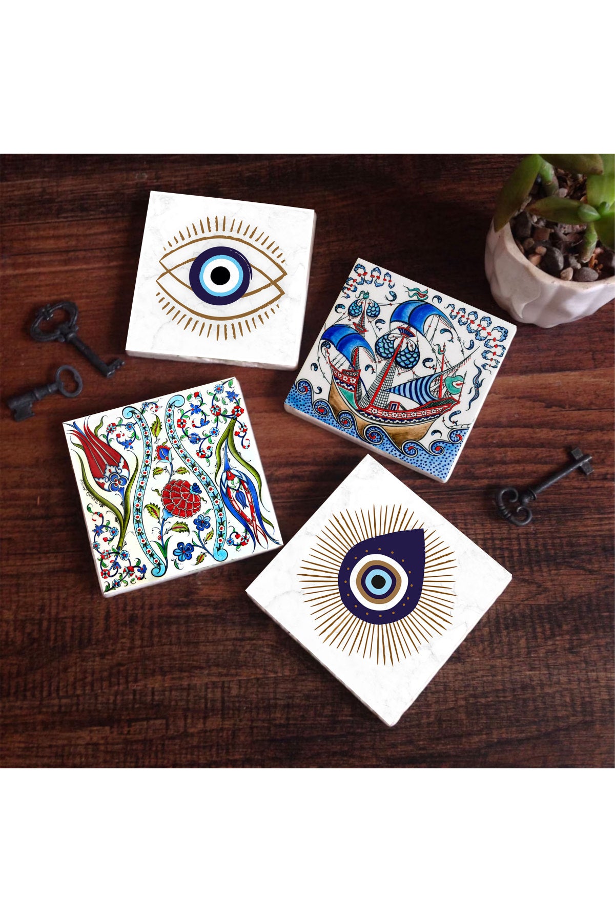 Pinecone Nazar, Çini Sanatı Lale, Yelkenli Gemi Taş Bardak Altlığı Seti - 4 Parça - Dekoratif, Rustik Mutfak Aksesuarı, 10x10 cm, Kaydırmaz Tabanlı, Şık ve Dayanıklı SC416