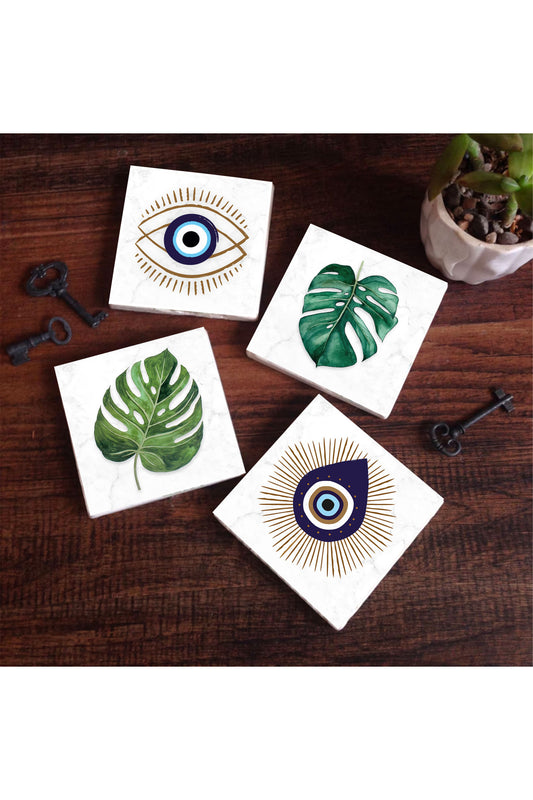 Pinecone Nazar, Yaprak Taş Bardak Altlığı Seti - 4 Parça - Dekoratif, Rustik Mutfak Aksesuarı, 10x10 cm, Kaydırmaz Tabanlı, Şık ve Dayanıklı SC417