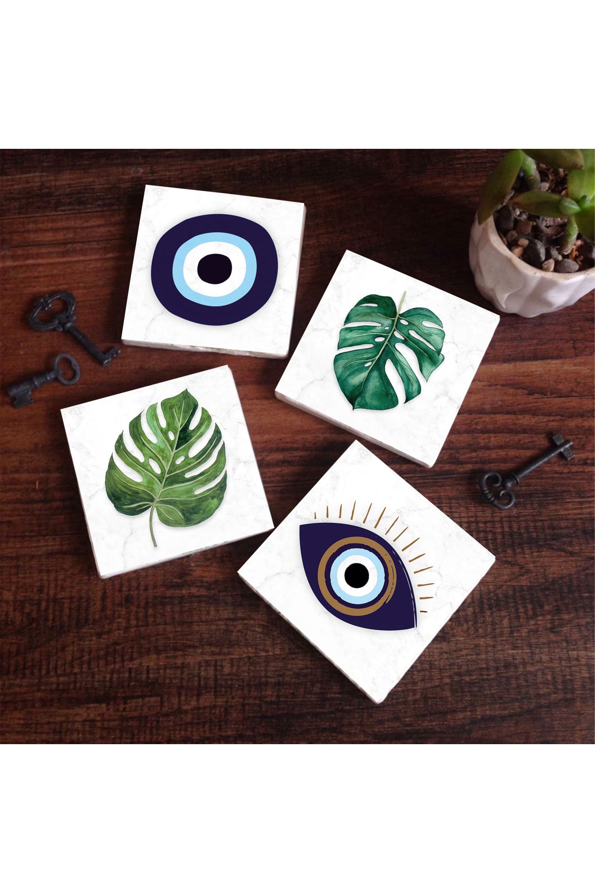 Pinecone Nazar, Yaprak Taş Bardak Altlığı Seti - 4 Parça - Dekoratif, Rustik Mutfak Aksesuarı, 10x10 cm, Kaydırmaz Tabanlı, Şık ve Dayanıklı SC418