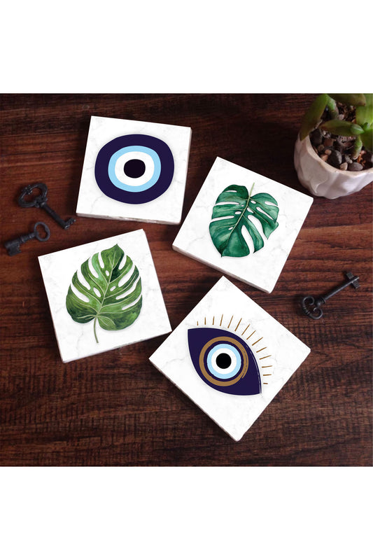 Pinecone Nazar, Yaprak Taş Bardak Altlığı Seti - 4 Parça - Dekoratif, Rustik Mutfak Aksesuarı, 10x10 cm, Kaydırmaz Tabanlı, Şık ve Dayanıklı SC418